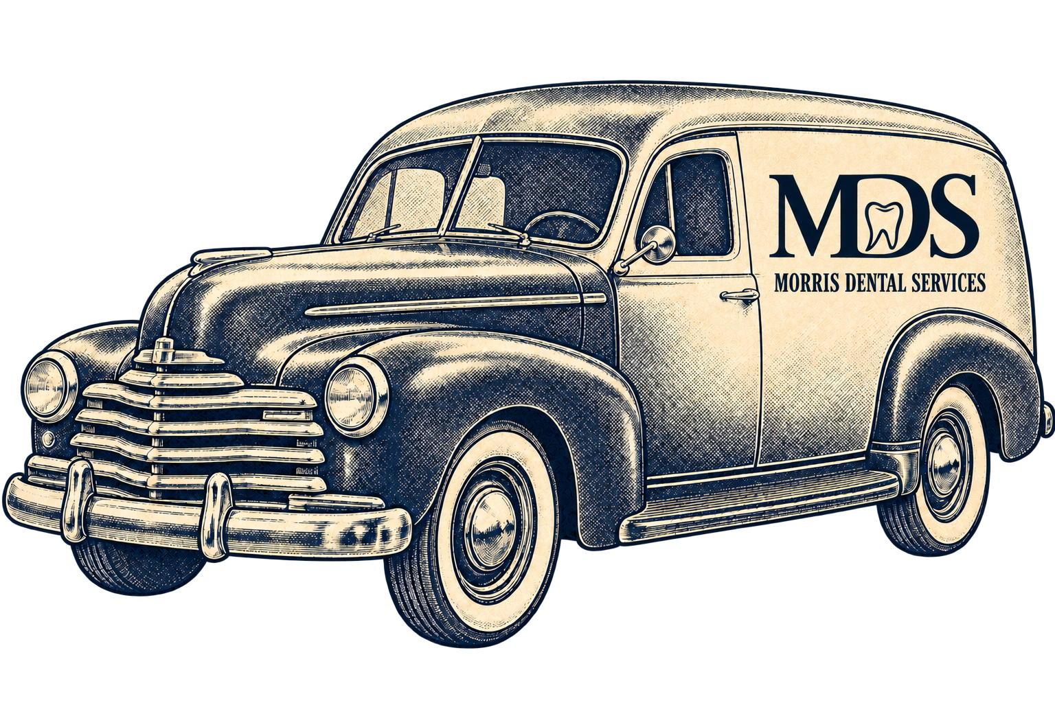 1940s sedan delivery vehicle with the Morris Dental Services period logo painted on its side.